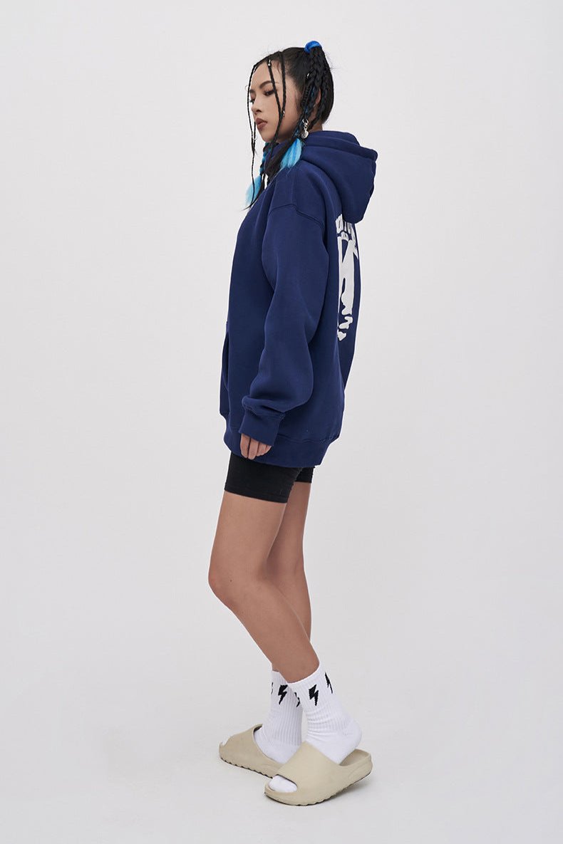 Blue Letter Printed Loose Hooded Sweatshirt