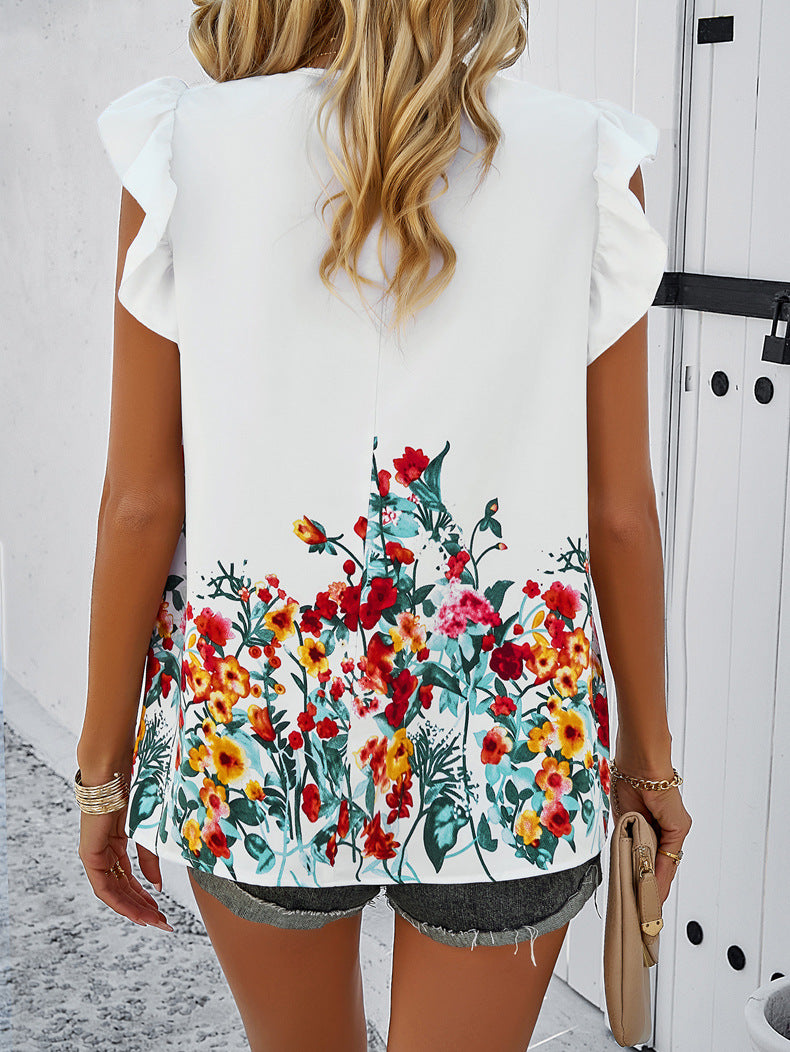 White Round Neck Floral Printed Blouse