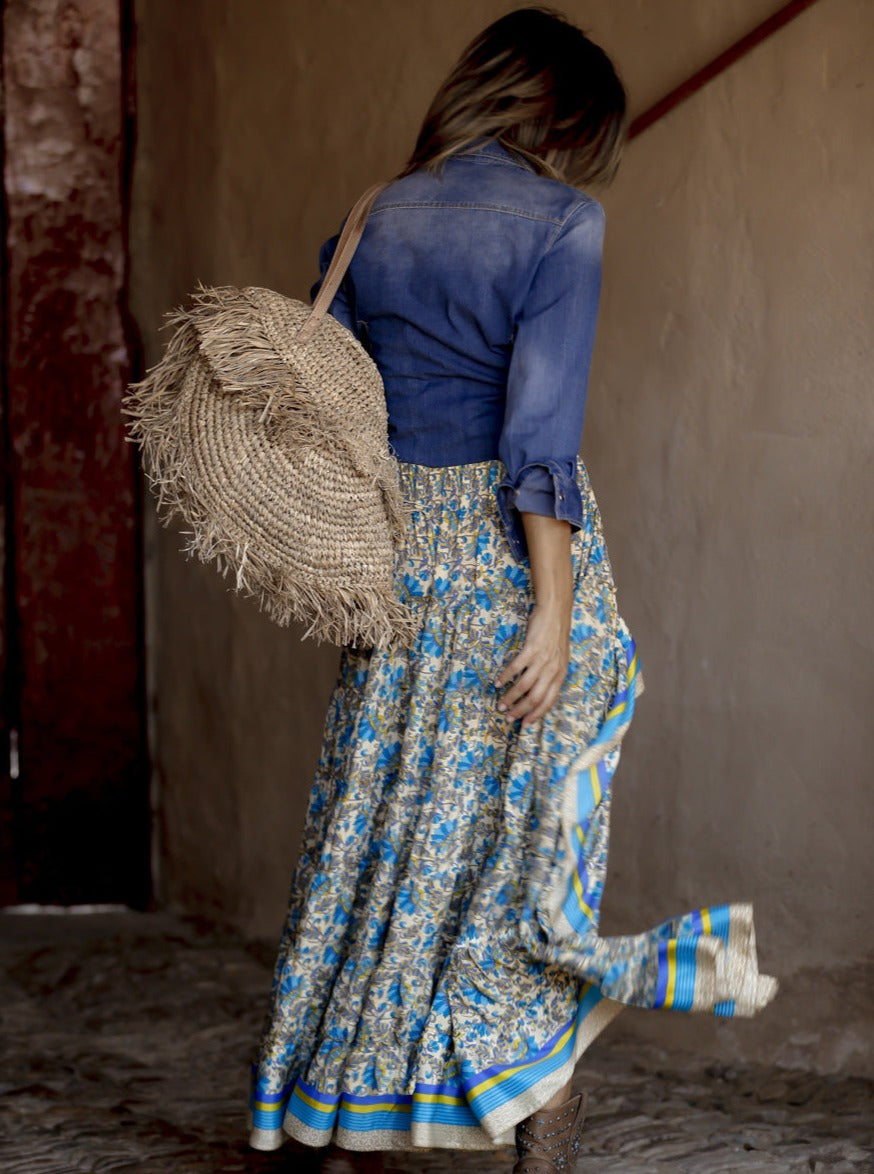 Blue Asymmetrical Bohemian Printed Skirt