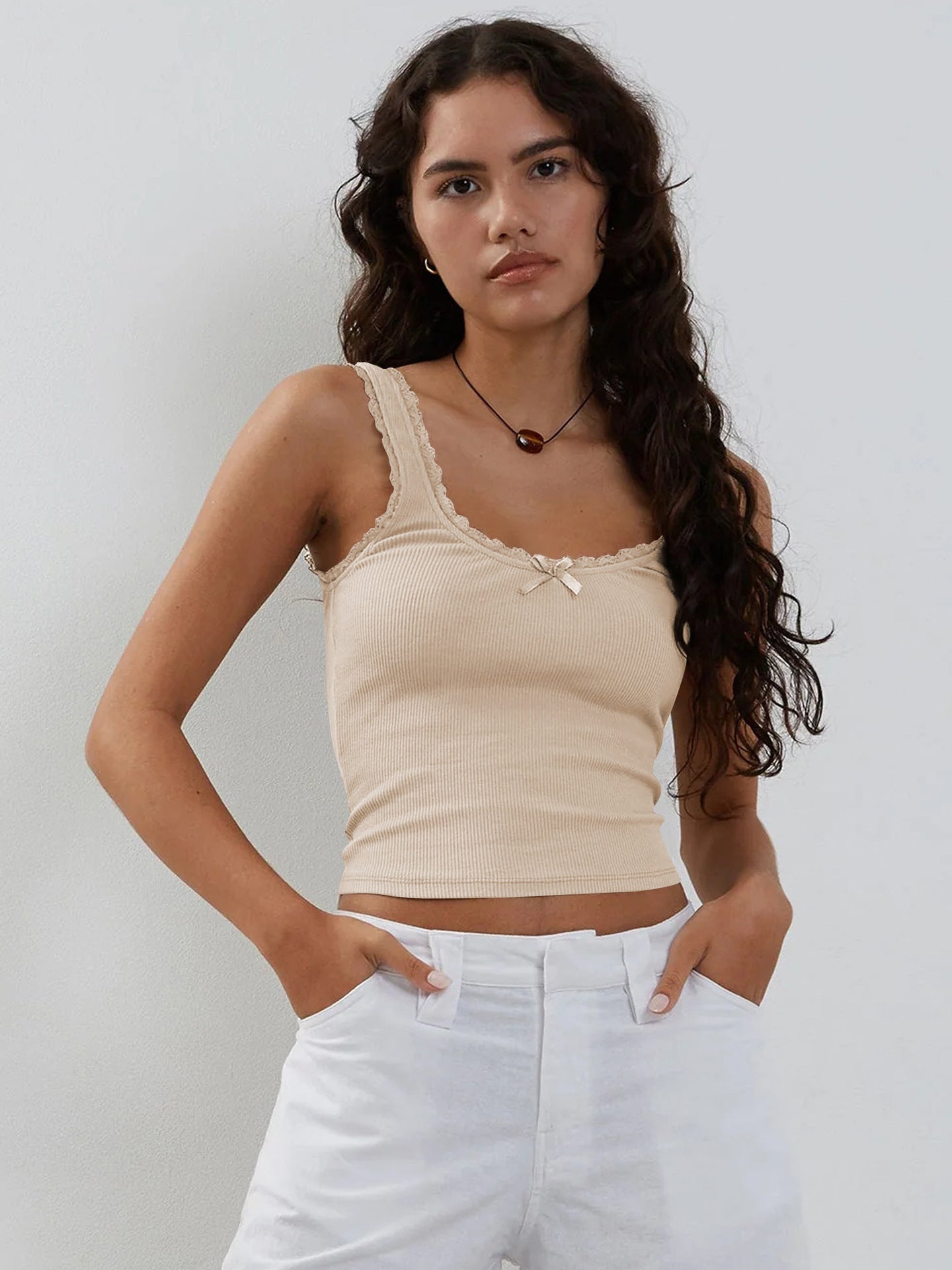 Beige Tanktop met Kanten Mouwloos Crop Topje 