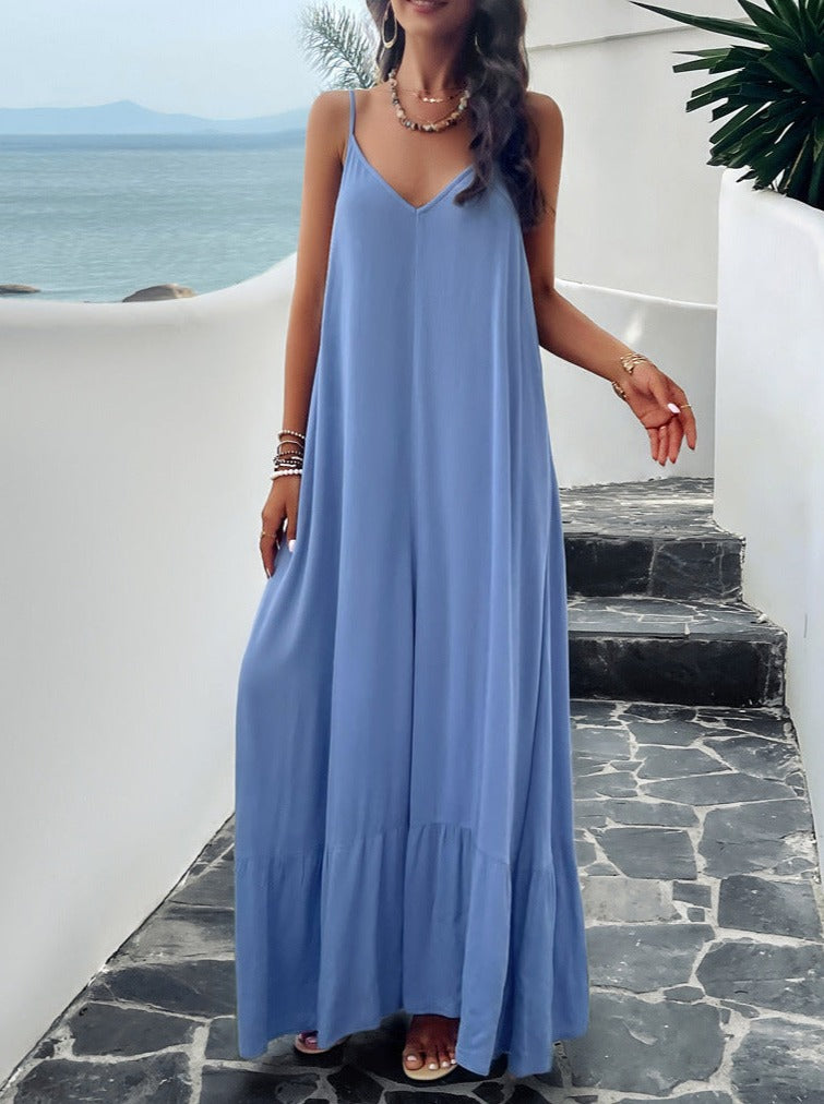 Blauwe casual effen kleur jarretel maxi-jurk