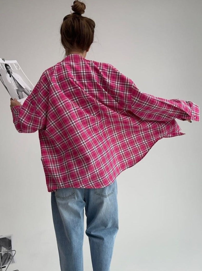 Pink Plaid Long Sleeve Loose Shirt