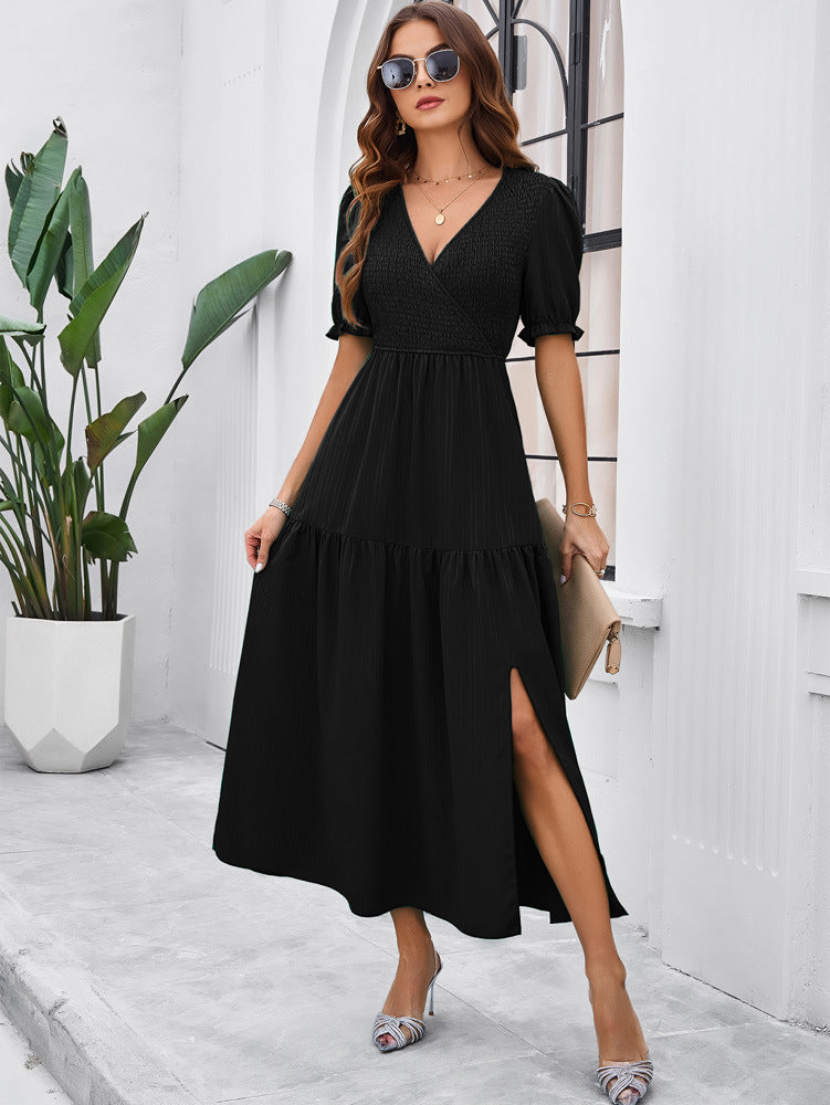 Black V-Neck Short Sleeved Long Dress