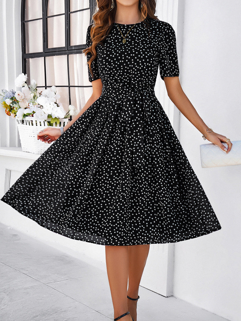 Elegante zwarte chiffon polkadot korte mouw midi-jurk 