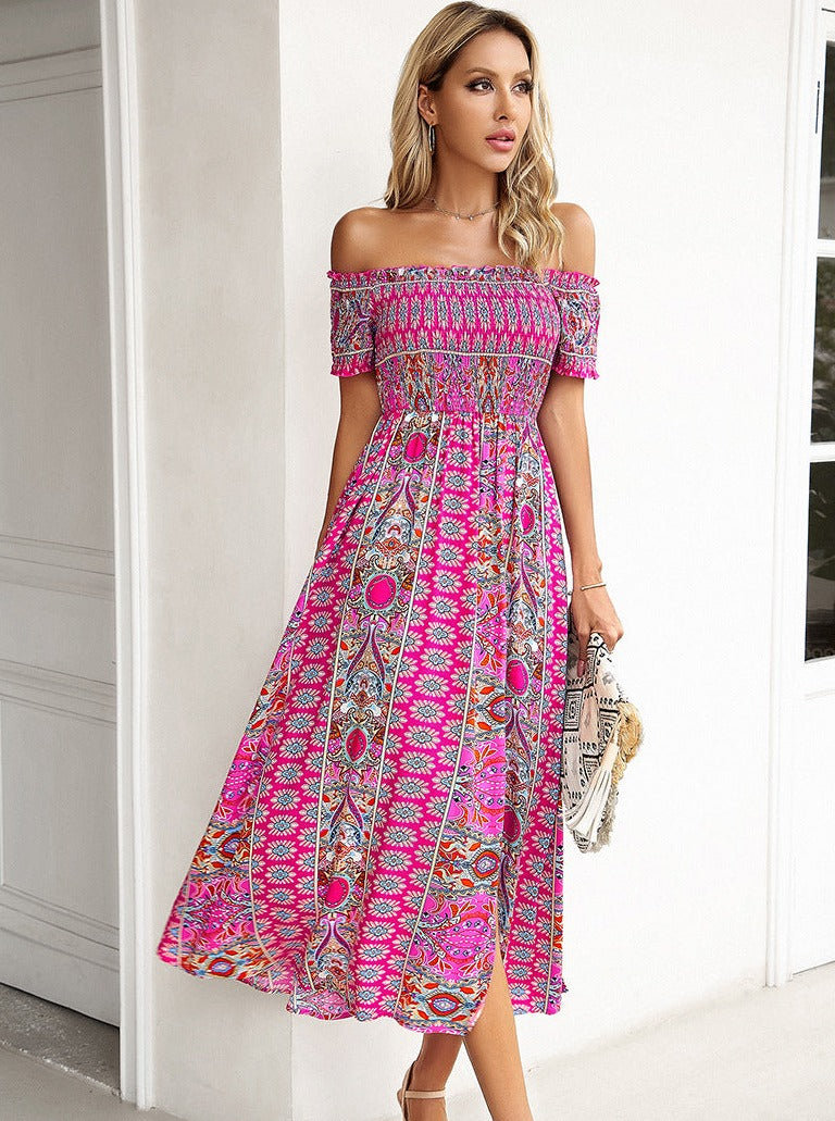 Roze off-shoulder bohemian bedrukte jurk 