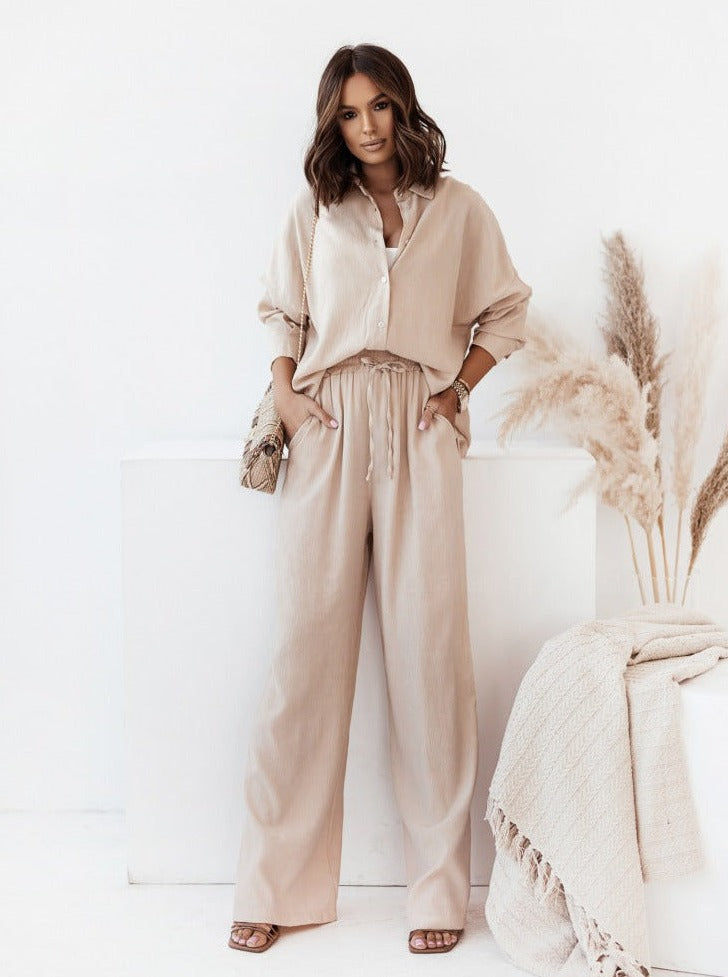 Casual Loose Fit Long Sleeve Shirt and Pants Set