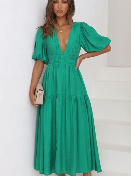 Solid Color Fluff Sleeve V-Neck Pleated Dress