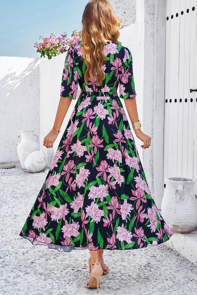 Chique zomerse bloemen V-hals midi-jurk met zijsplit