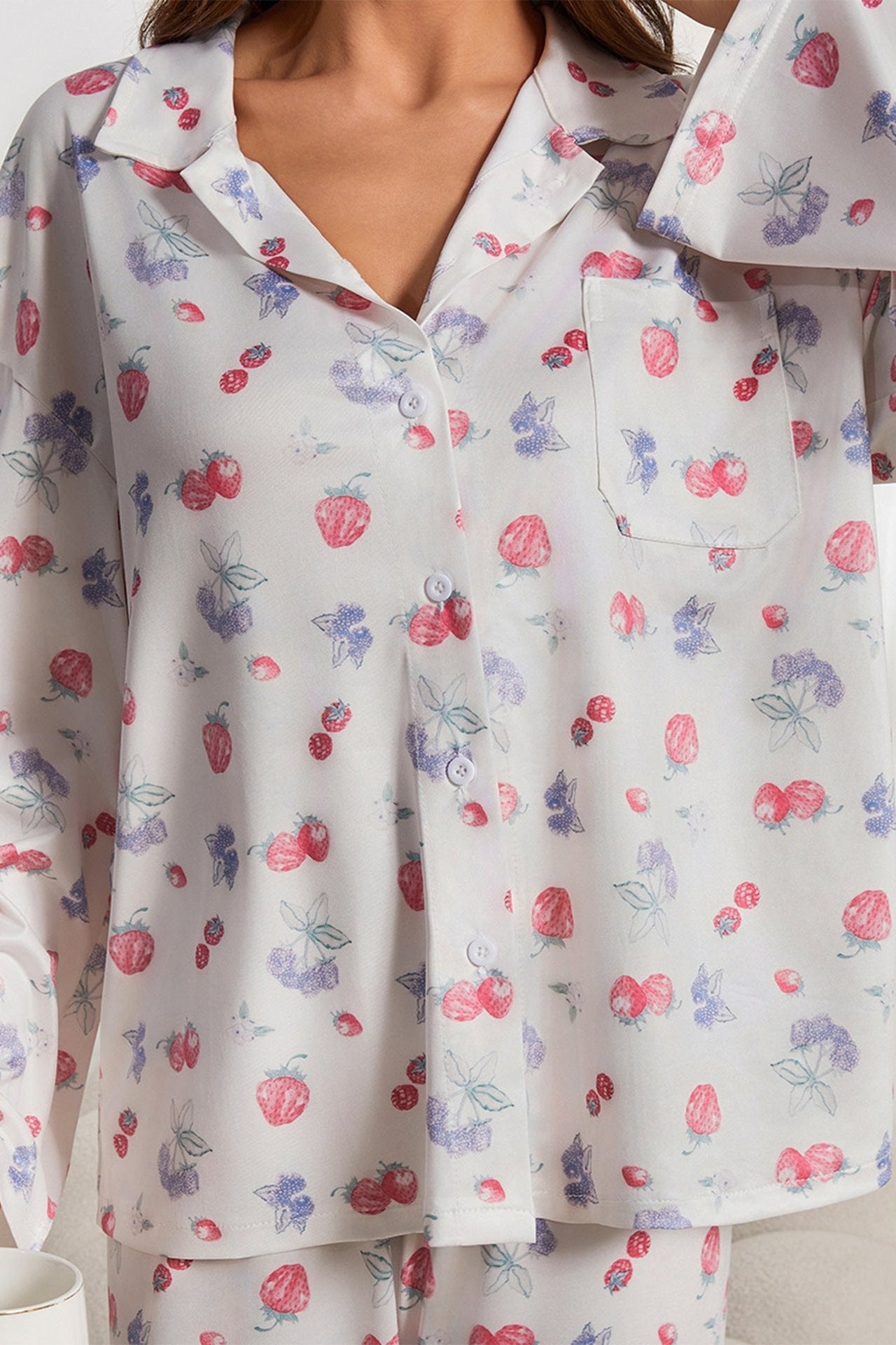 Fruitprint Wit Lange Mouw Shirt Wijde Pijp Pyjama Set 