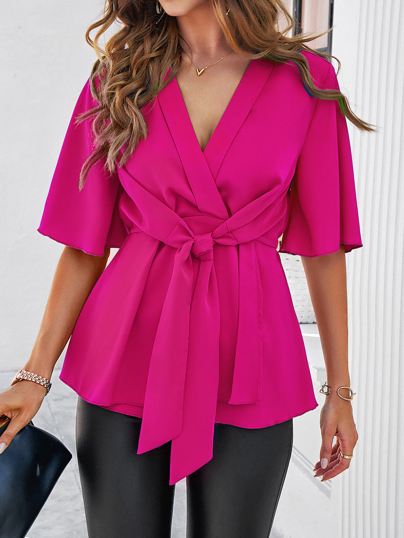 Roze effen V-hals blouse met lintstrik 