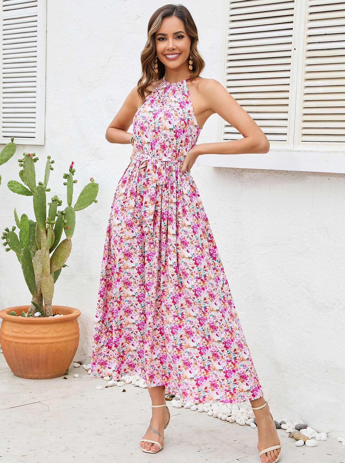 Off Shoulder Halter Hals Bloemen Midi Jurk 