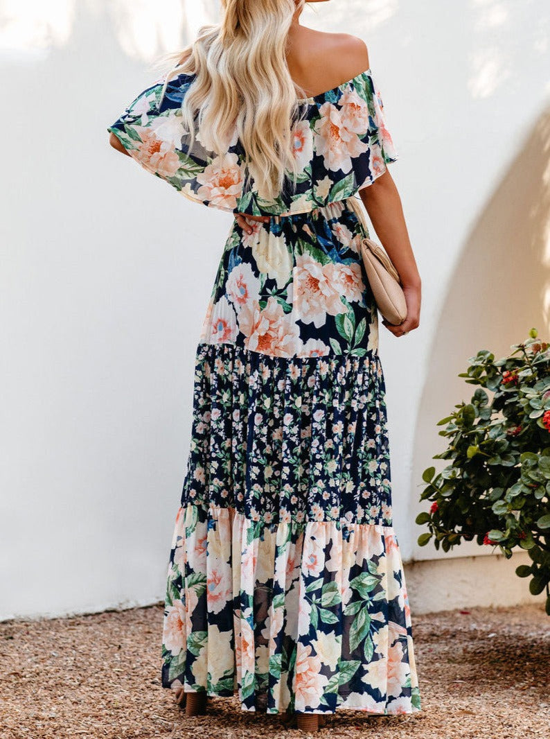 Marineblauwe bloemen retro print off shoulder maxi jurk 