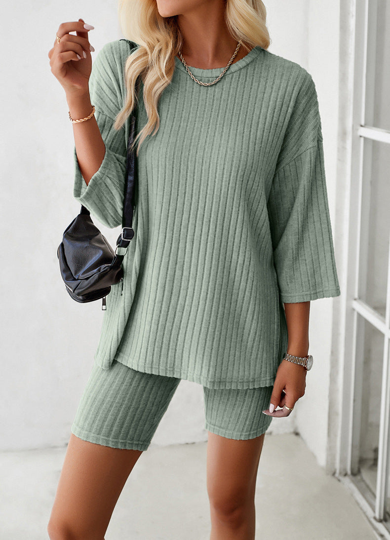 Groene gebreide shirt met lange mouwen en korte broek set 