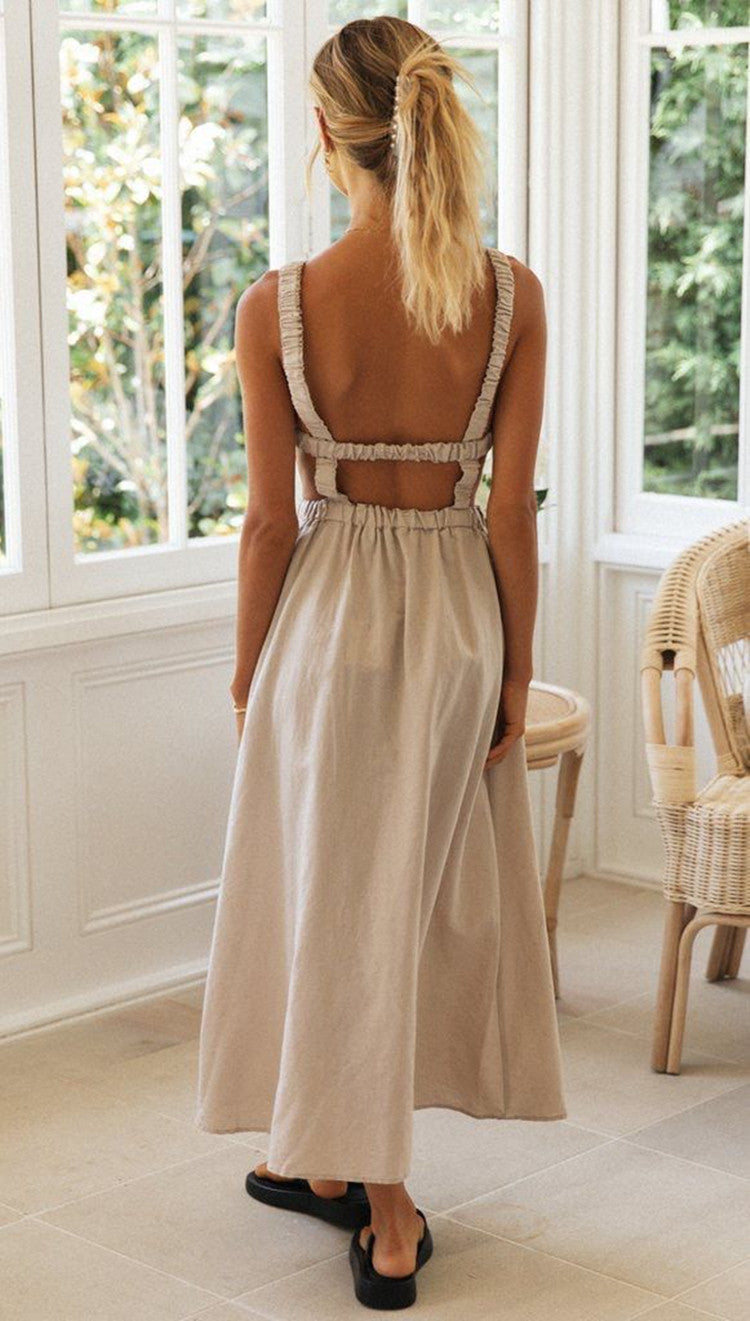 Beige Round Neck Backless Swing Dress