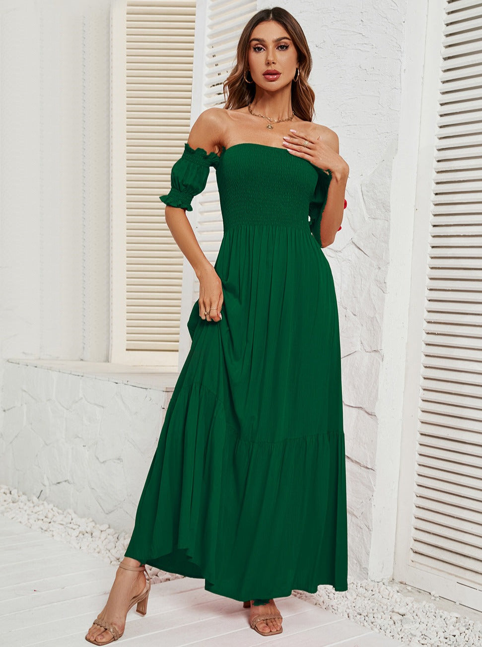 Off Shoulder Bell Sleeve Effen Kleur Maxi Jurk 