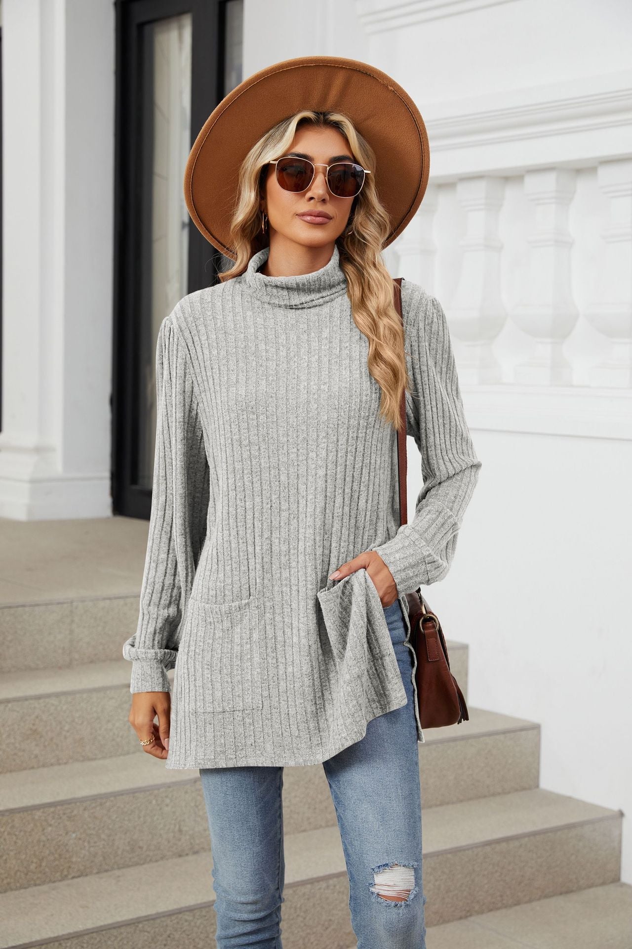 High Collar Long Sleeve Long T-Shirt