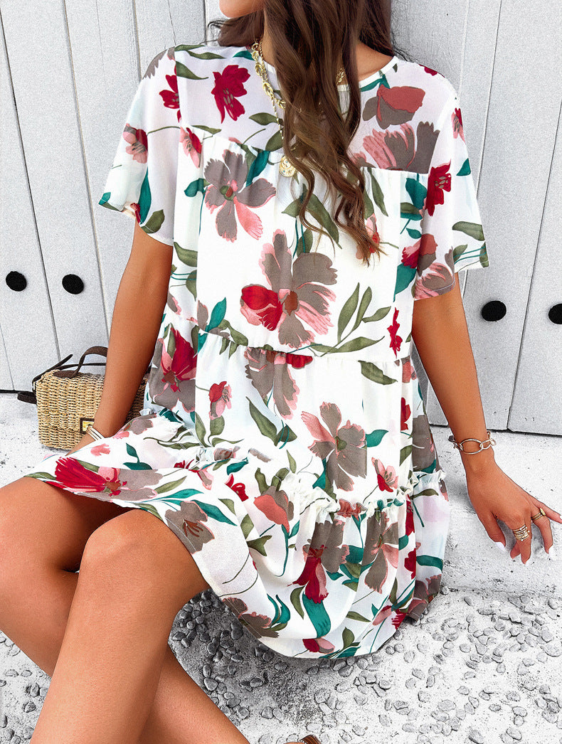 Luftiges Blumen Minikleid Kurzarm Rückenausschnitt Sommermode Freizeit