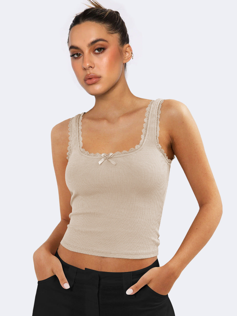 Beige Tanktop met Kanten Mouwloos Crop Topje 