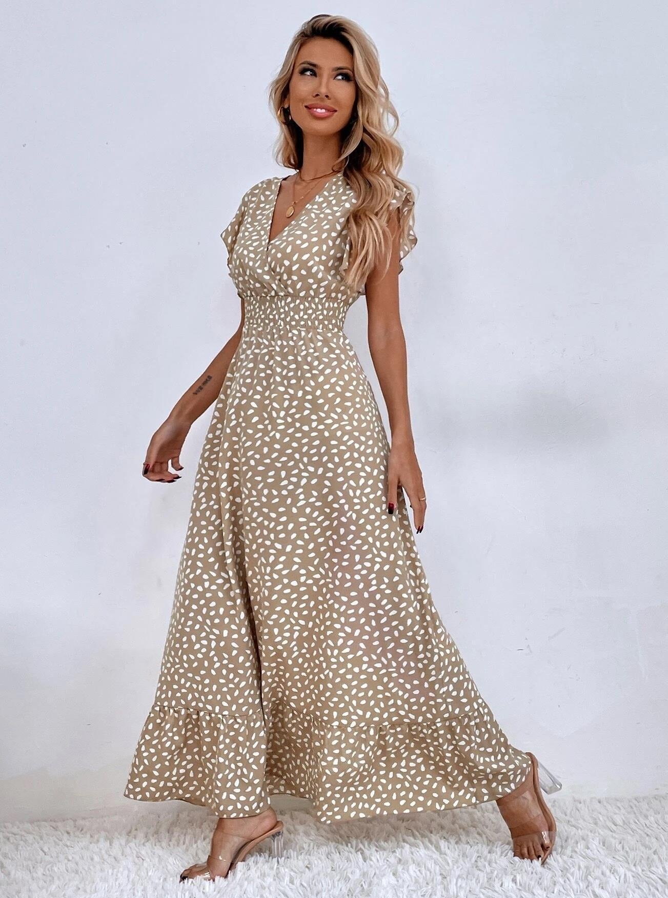 V-hals vlindermouwen allover print maxi-jurk 