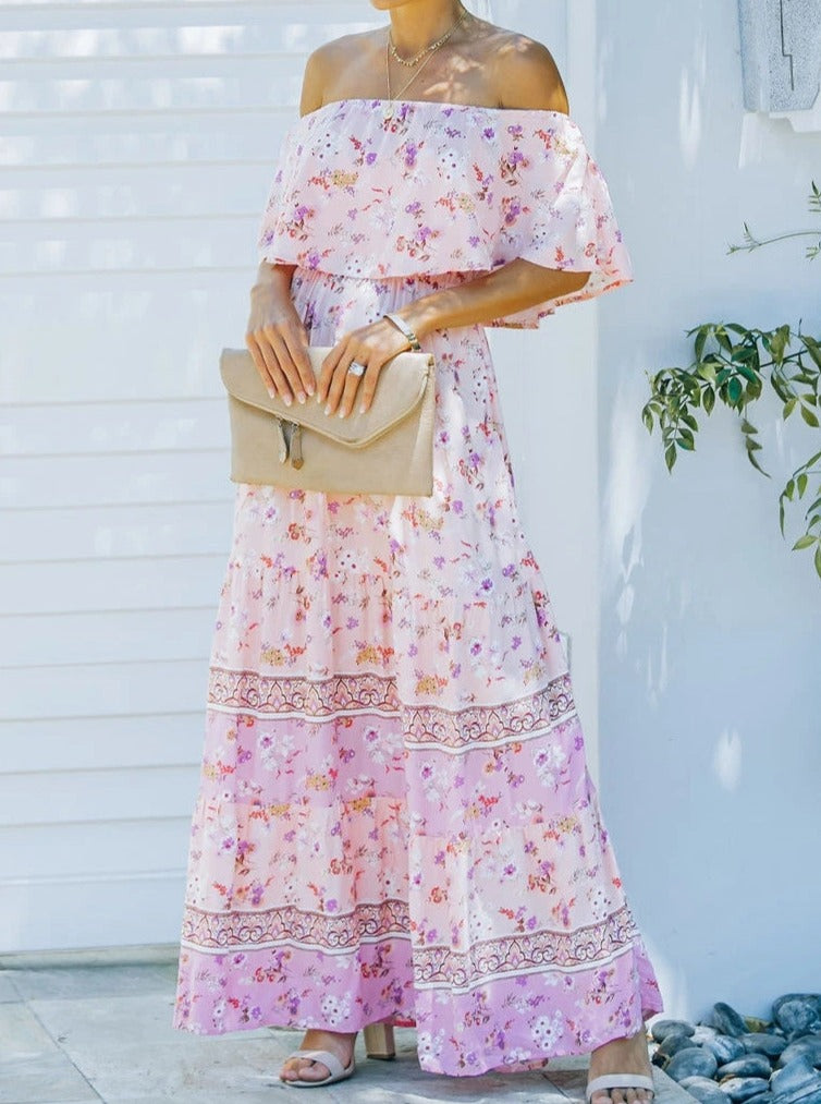 Roze bloemen retro bedrukte off shoulder maxi-jurk