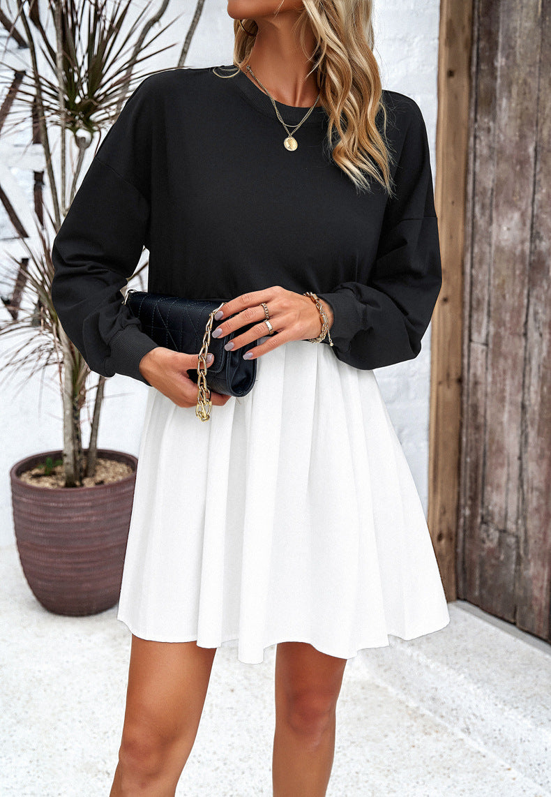 Black White Round Neck Long Sleeve Pleated Dress