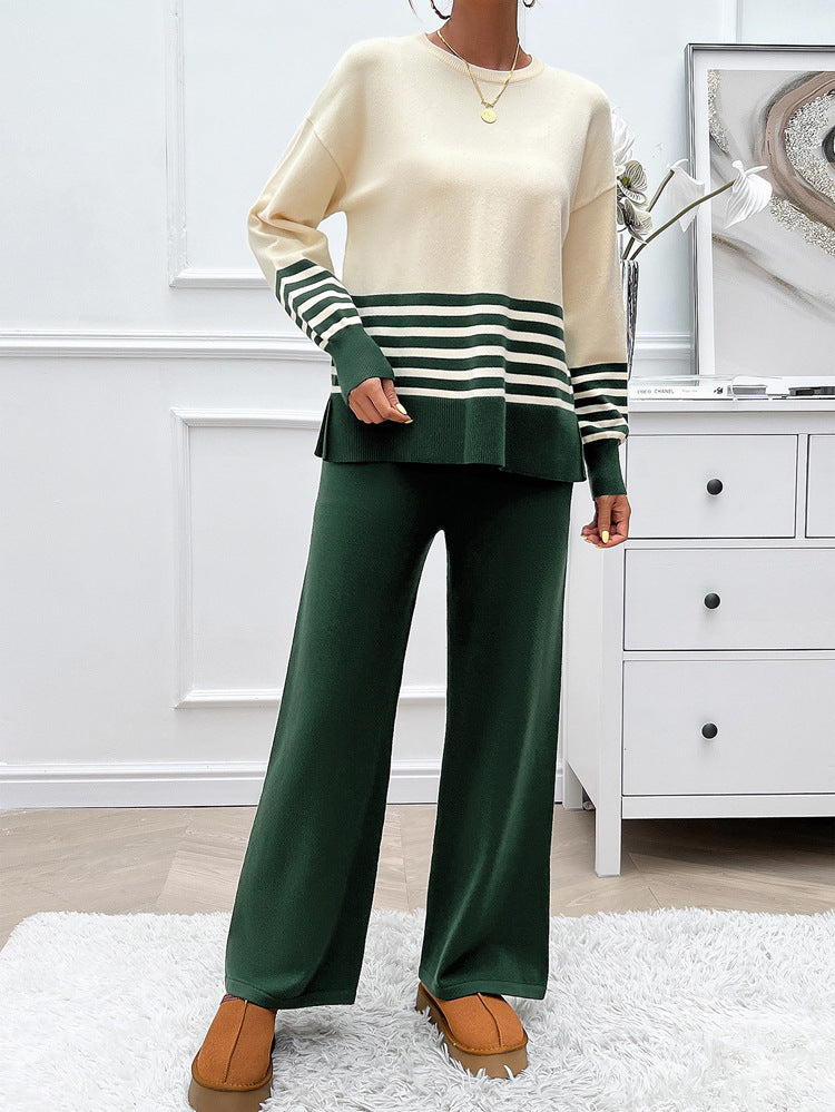 Striped Round Neck Sweater and Trouser Set