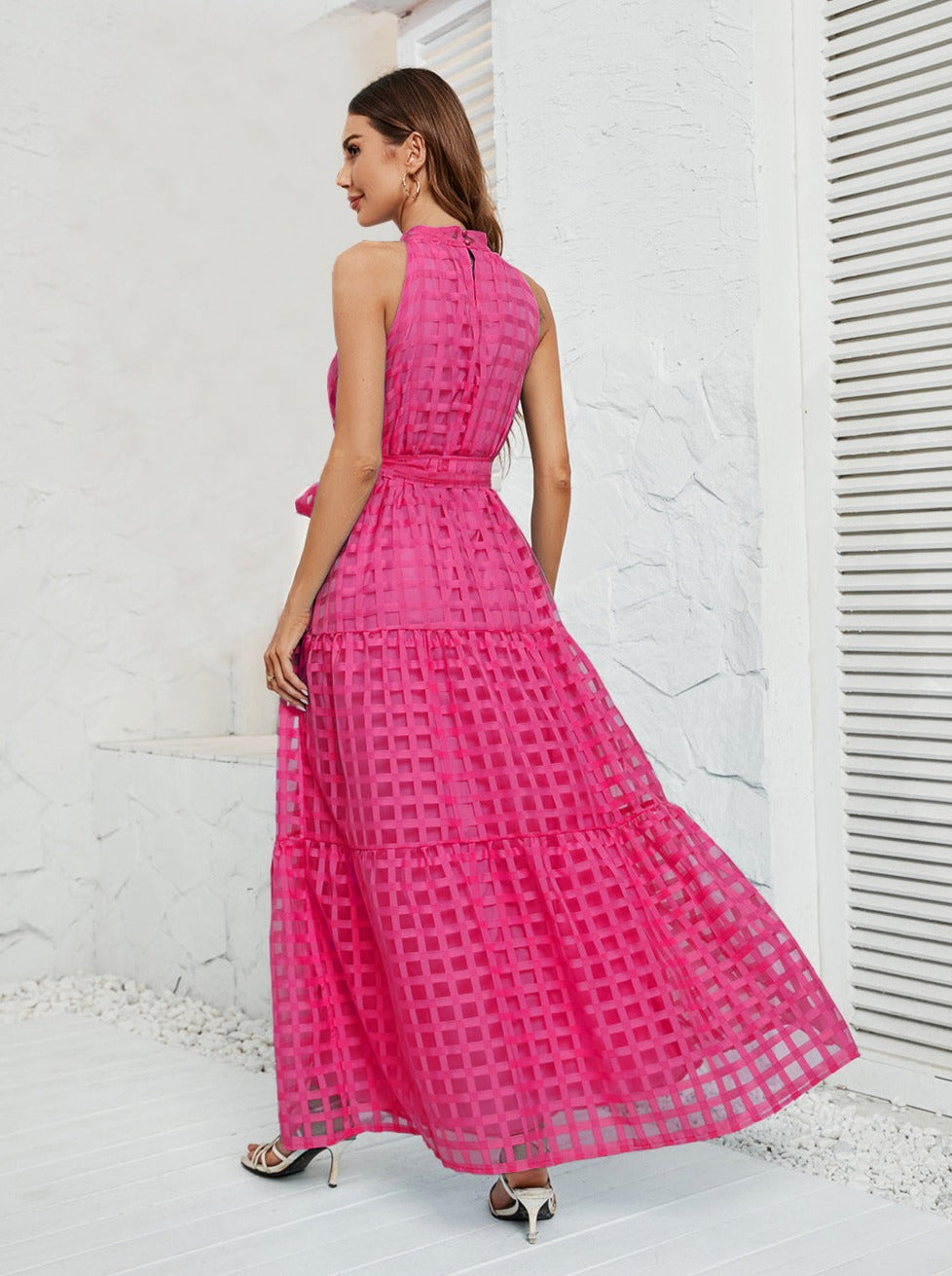 Roze halter mesh maxi-jurk met riem 