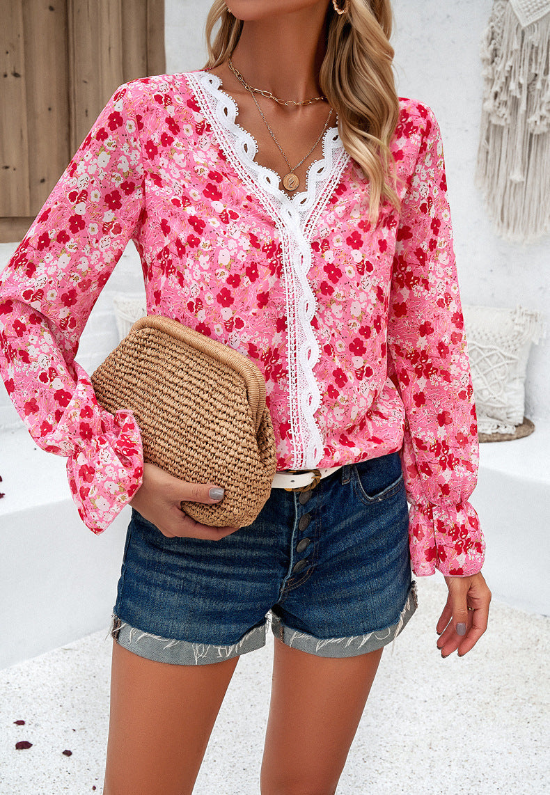 Red Casual Laced Floral Printed Long Sleeve Shirt