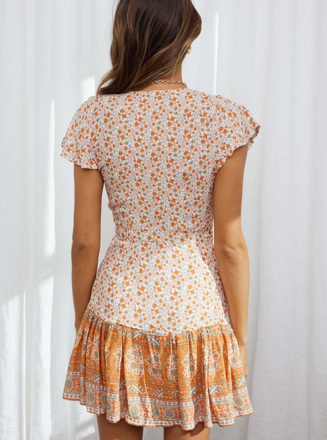 Oranje diepe V-hals Bohemian mini-jurk 