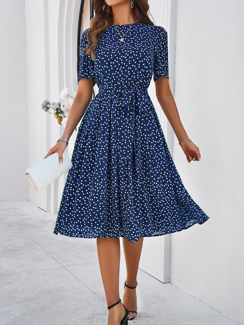 Polka Dot Chiffon Klassieke Blauwe Korte Mouw Midi Jurk 