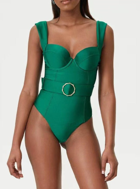 Groene V-halsband Sexy Bikini met Riem en Hoge Taille Badpak 