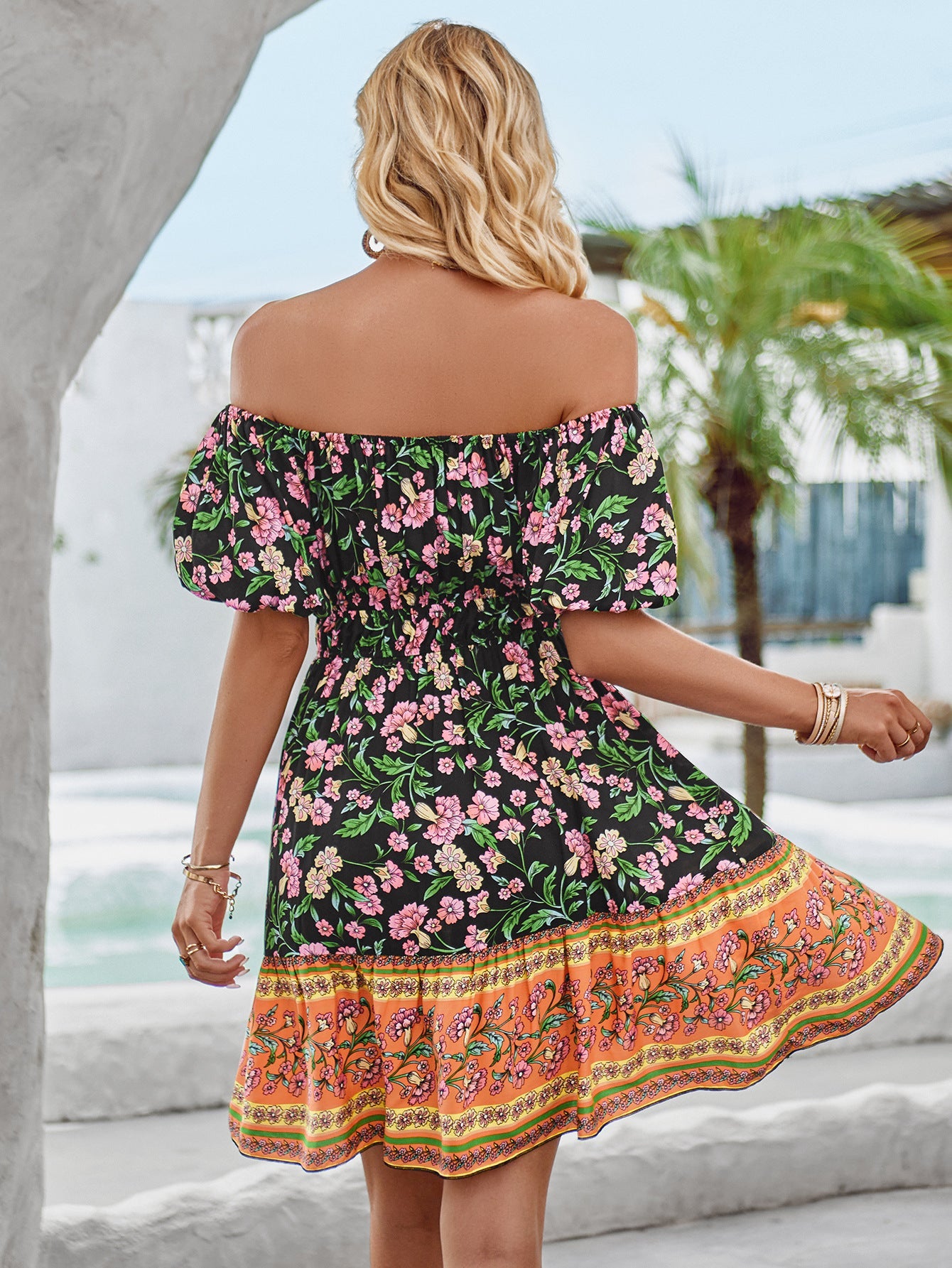 Off Shoulder Floral Bohemian Printed Dress