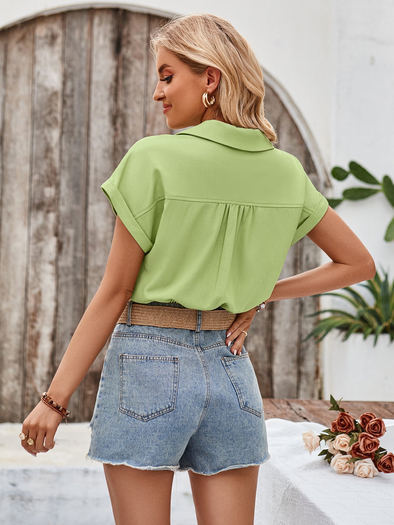 Effen kleur korte mouw button down crop top 