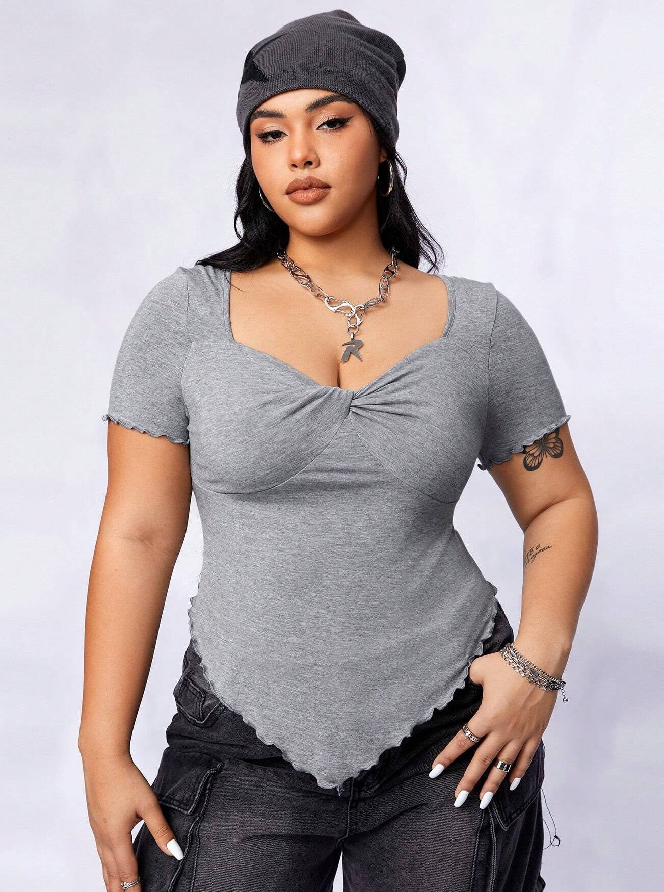 Plus Size Vierkante Hals Sexy Top met Korte Mouwen 