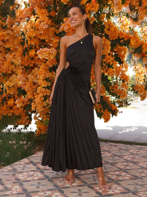 Schwarzes One-Shoulder Klei Elegant Plissee Maxi Mit Cut-Out Detail