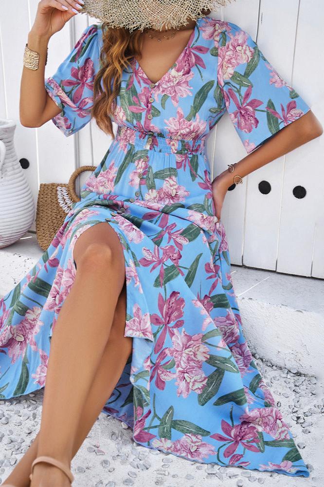 Blue Chic Summer Floral V-Neck Side Slit Midi Dress