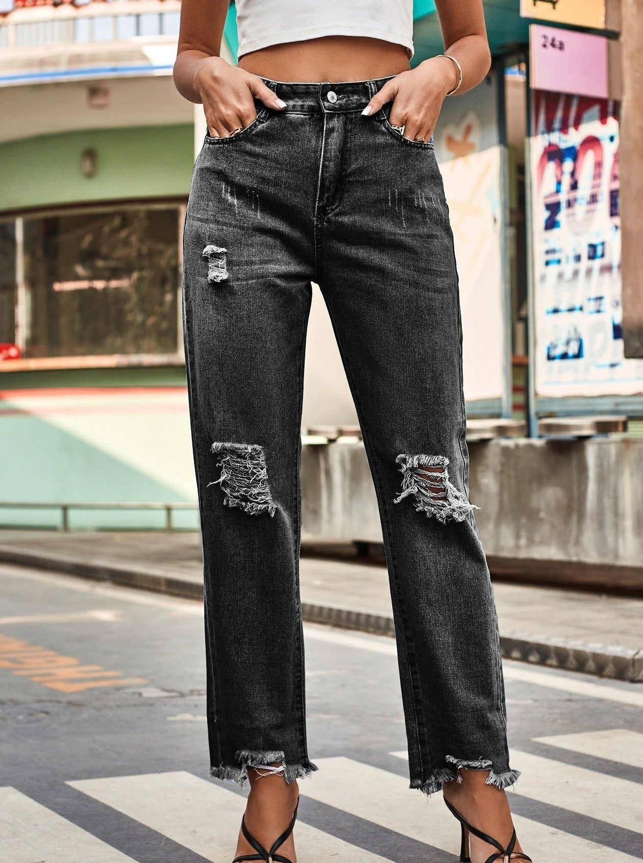 Knee Ripped Washed Classic Denim Pants