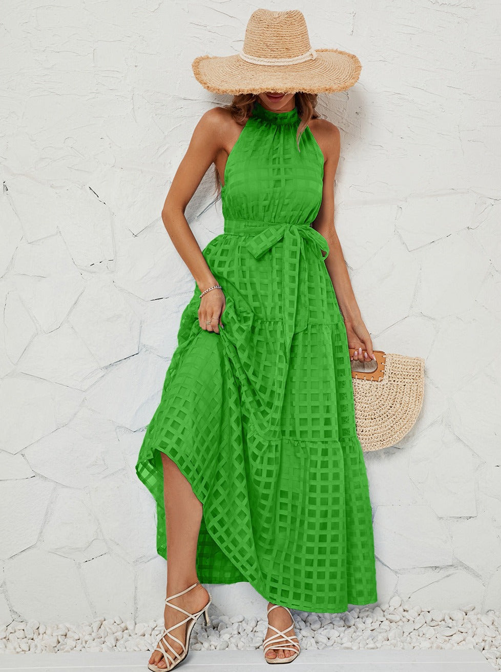 Groene halter mesh maxi-jurk met riem 