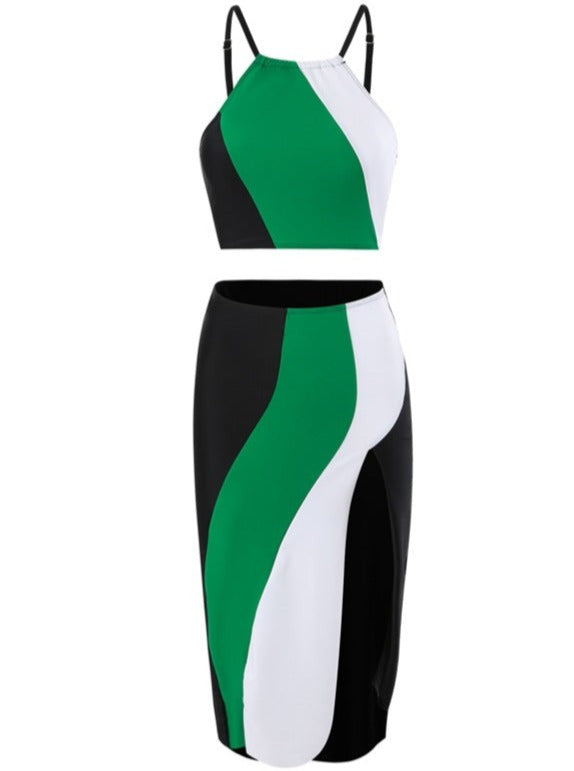 3-delige tri-color gewatteerde monokini met rok strandkledingset 