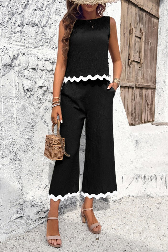 Black Summer Wavy Hem Sleeveless Top and Pants Set