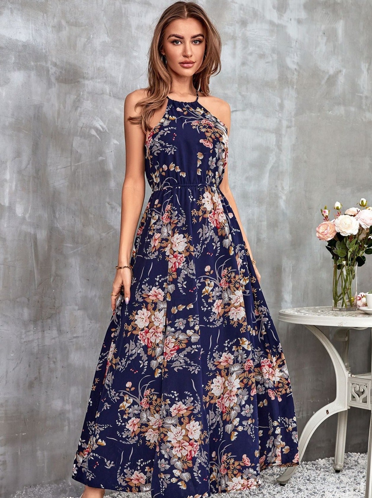 Bloemenprint Halter Hals Split Maxi Jurk 