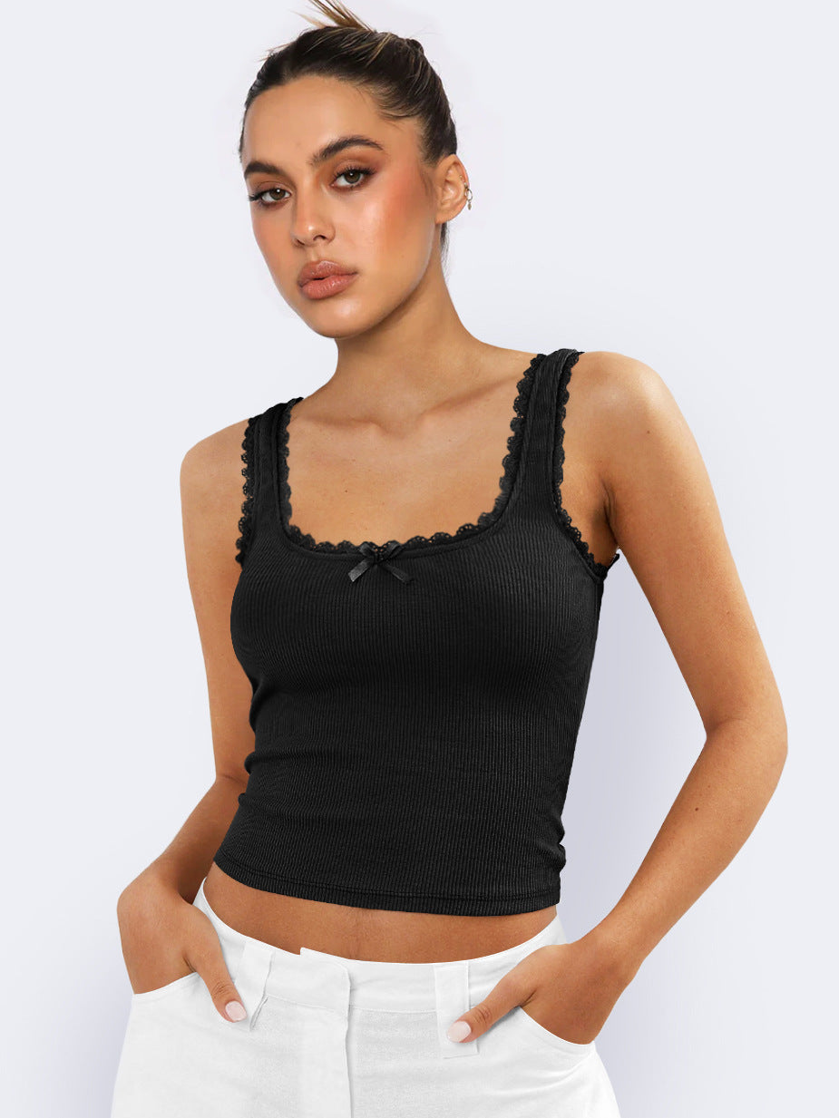 Zwarte Tanktop met Kanten Mouwloos Crop Topje 