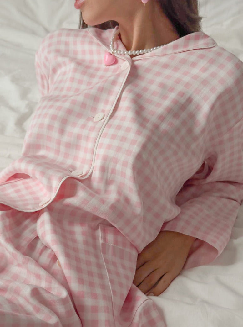 Roze geruite loungewear lange mouw nachtkleding tweedelig 