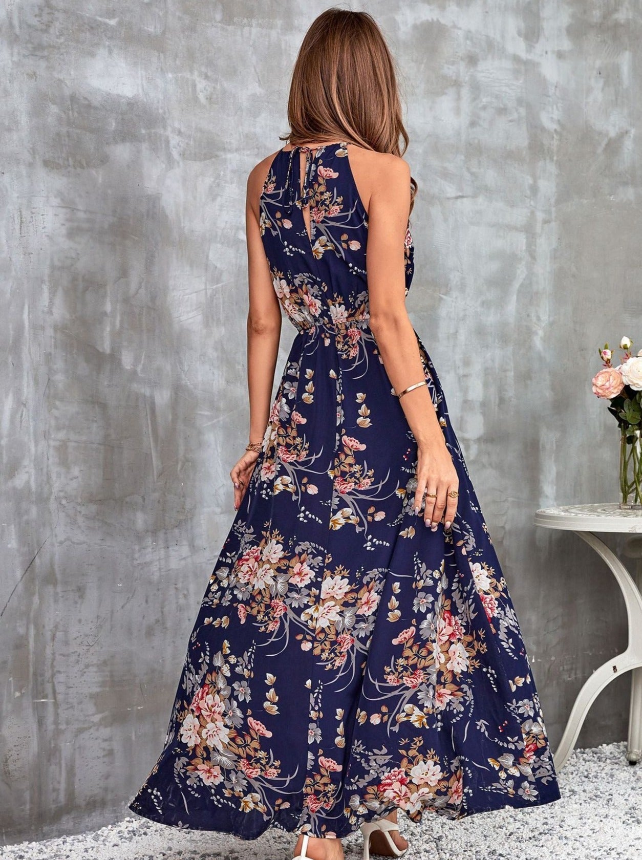 Bloemenprint Halter Hals Split Maxi Jurk 