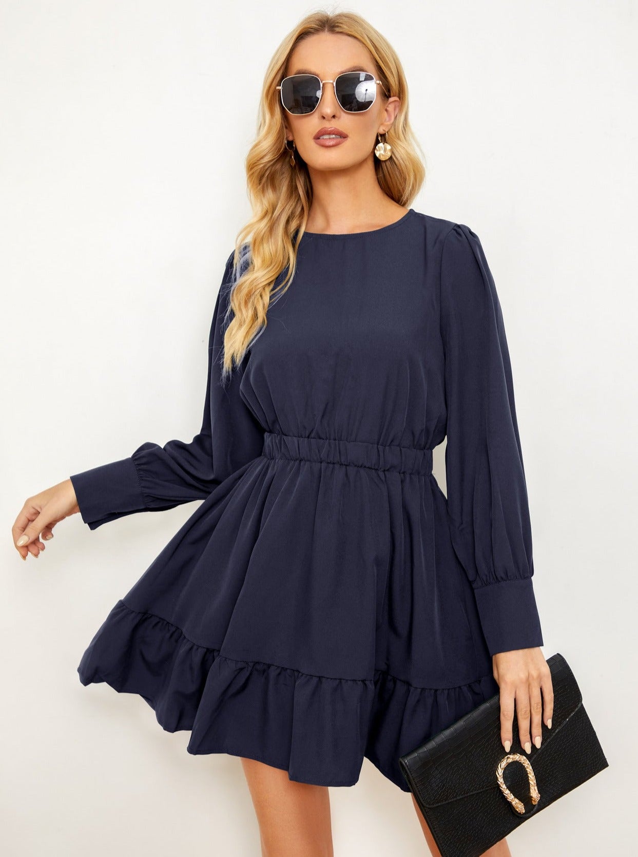 Solid Color Ruffle Long Sleeve Short Dress