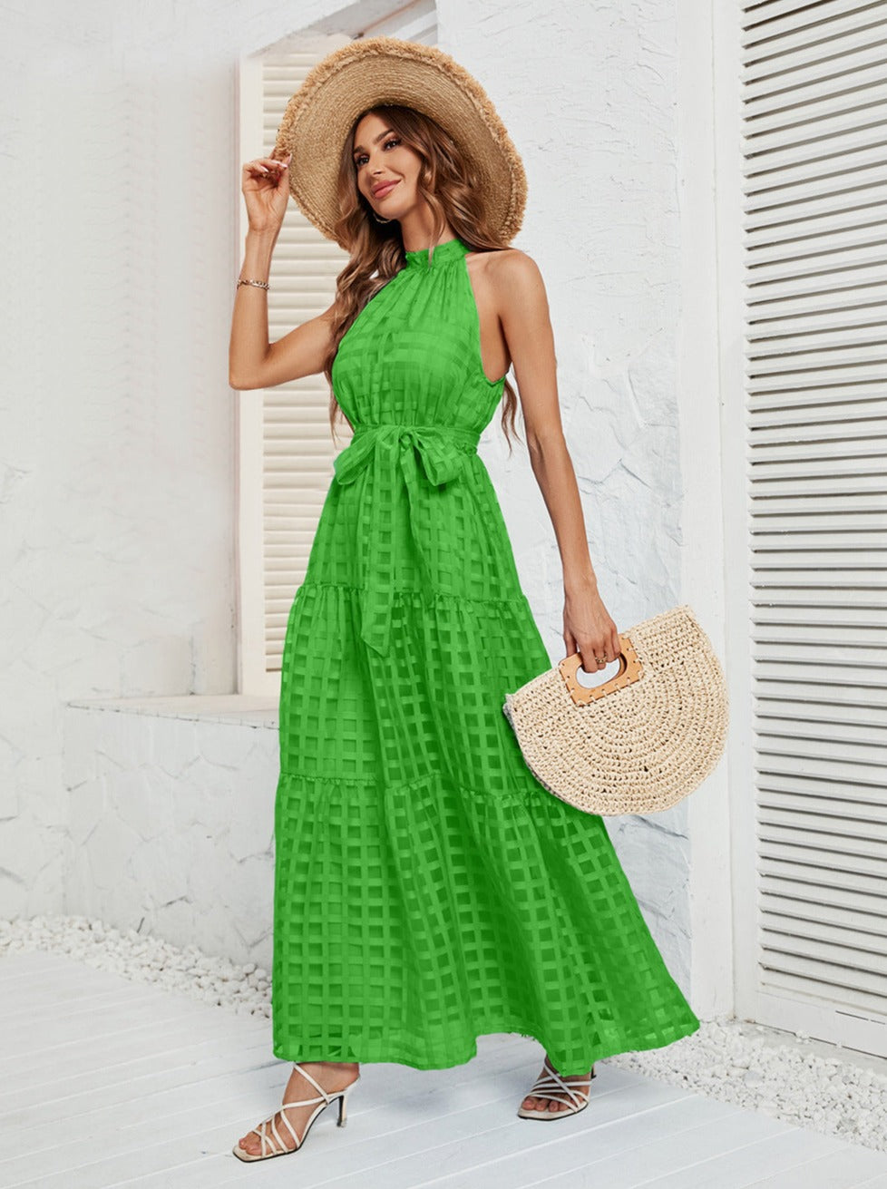 Green Halter Mesh Belted Maxi Dress