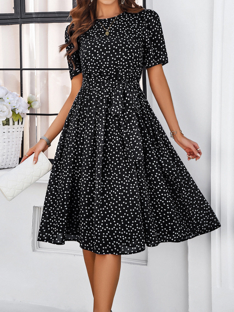 Elegante zwarte chiffon polkadot korte mouw midi-jurk 