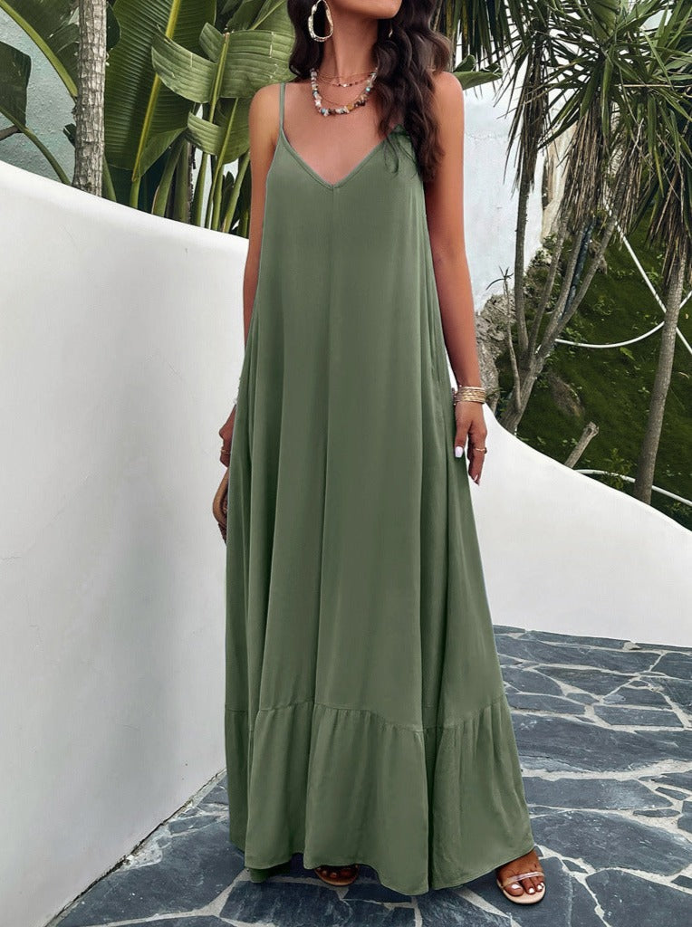 Groene casual effen kleur jarretel maxi-jurk