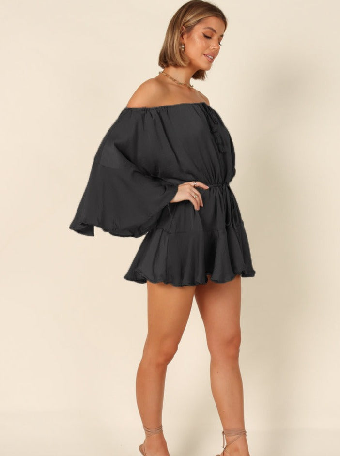 Sexy Zwarte Boheemse Verstelbare Off The Shoulder Bell Sleeve Jurk 