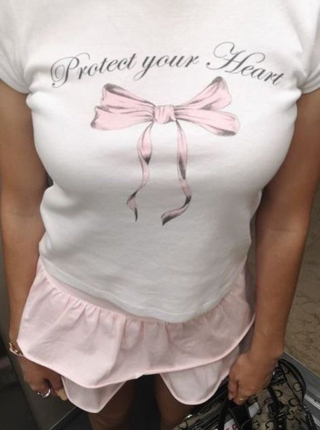 Short Sleeve Lettering & Bow Print Crop Tee